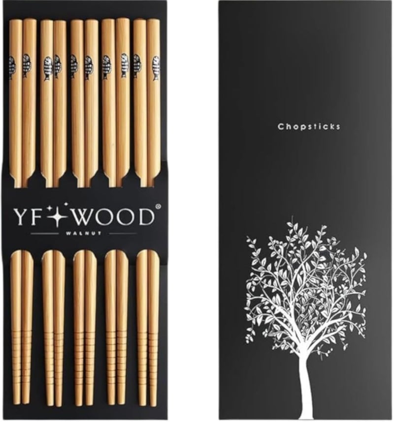 مجموعة هابي هوم المكونة من 5 أزواج من عيدان تناول الطعام الكلاسيكية المصنوعة من الخيزران للأطعمة الآسيوية بطبعة فريدة، مجموعة هدايا عيدان تناول الطعام قابلة لإعادة الاستخدام، عيدان تناول الطعام من الخيزران الطبيعي، آمنة للغسل في غسالة الأطباق، مانعة للانزلاق، (8.85 بوصة).